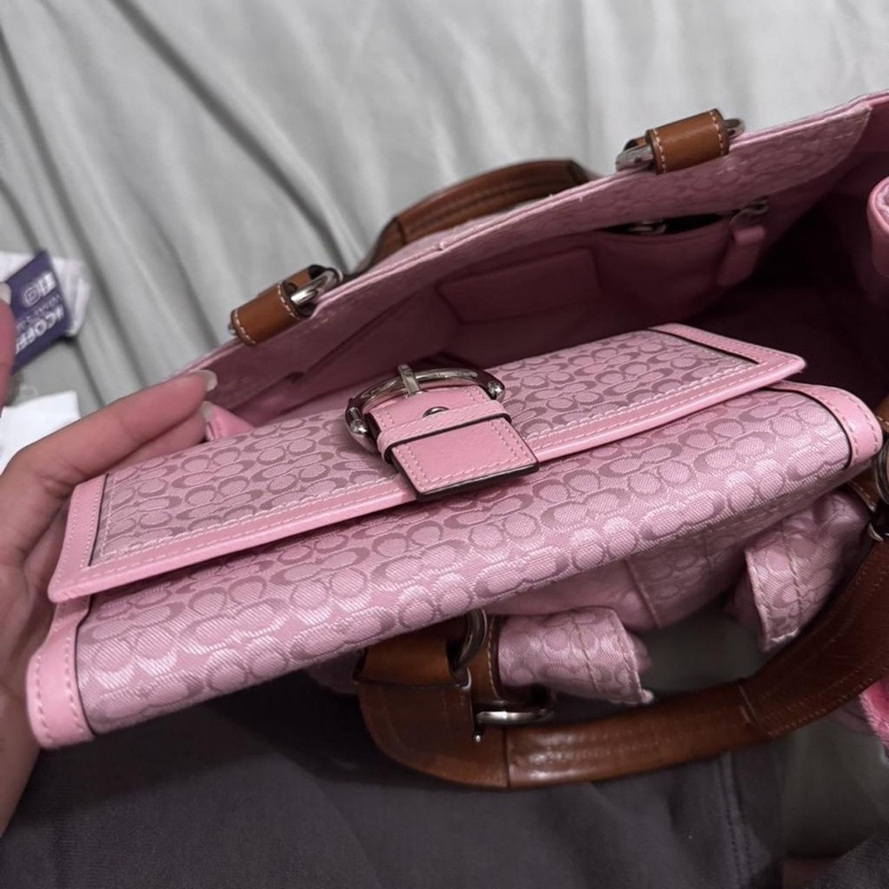 Coach Pink Signature Canvas Satchel with Brown Leather Trim and Charm Keychain - Picture 5 of 5